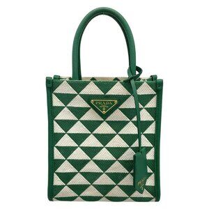 Auth PRADA Symbol Embroidery Fabric Mini Bag 1BA355 Green White Chemical Fiber
